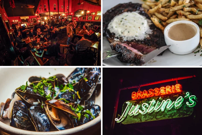 View of the inside of Justine's Restaurant dining room in East Austin